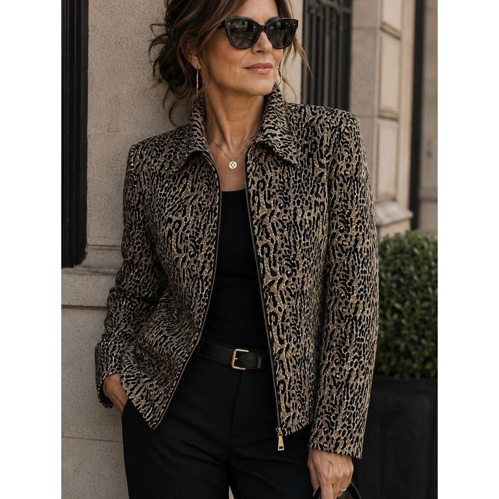 Vintage Mary McFadden Studio Lined Jacket Full Zip Leopard Animal Print Women’s